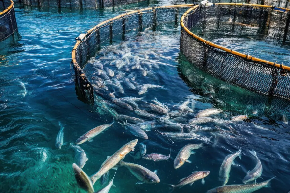 Ocean aquaculture net pens with fish swimming in coastal waters