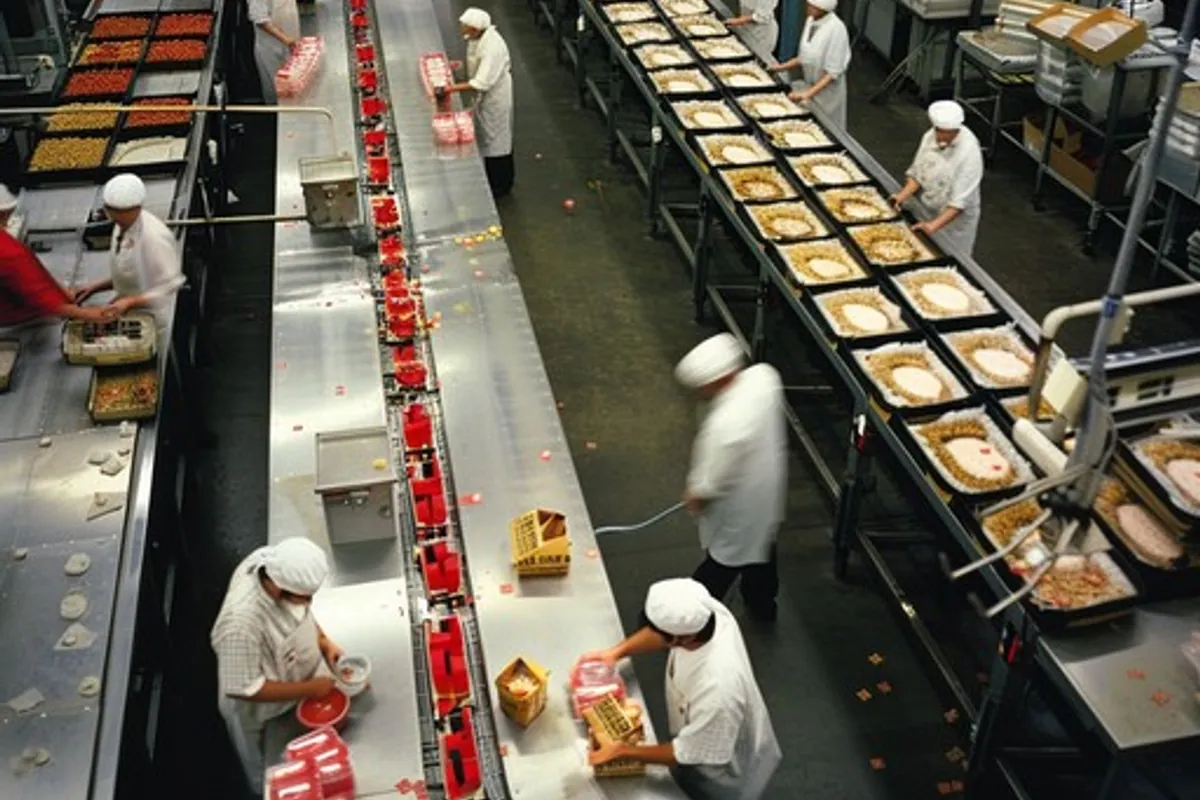 Food processing and packaging production line with workers in protective coats